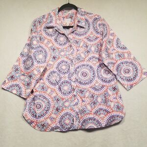 Chicos Womens Shirt Sz 2 Large Multicolor Geometric Button Up No Iron 3/4 Sleeve